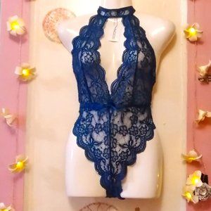 Racicio (S) Royal Blue Floral Lace Teddy Lingerie Bodysuit